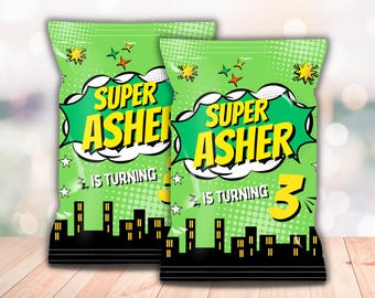 Bolsa de papas fritas de superhéroe con nombre y edad personalizados. Bolsa imprimible para refrigerios de cumpleaños. Descarga digital. D171