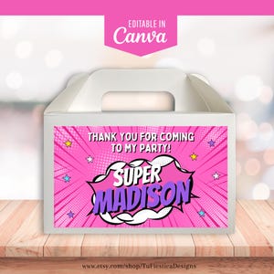 Editable Superhero Comic Gable Box Favor Label | Printable Canva Template for Girls Birthday Party | Thank You Tags D169