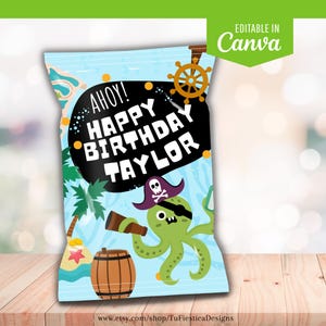 May include: A pirate-themed party favor bag with a light blue background. The bag features an octopus wearing a pirate hat and eye patch, holding a spyglass. Text reads "AHoy! Happy Birthday Taylor". A wooden barrel and a ship's wheel are also visible.