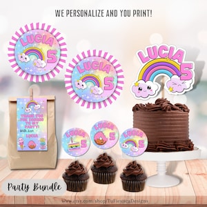 Personalize Kawaii Party Printables / Cute Rainbow Birthday Party / Kawaii Donut Party Printables Bundle Kit Digital Download D110PK7