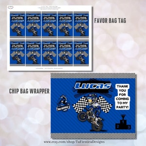 Pu&ograve; includere: Un involucro per sacchetto di patatine fritte blu e bianco a tema motocross. L'involucro presenta un pilota di motocross dei cartoni animati, bandiere a scacchi e il testo "Lucas" e "Grazie per essere venuto alla mia festa!"
