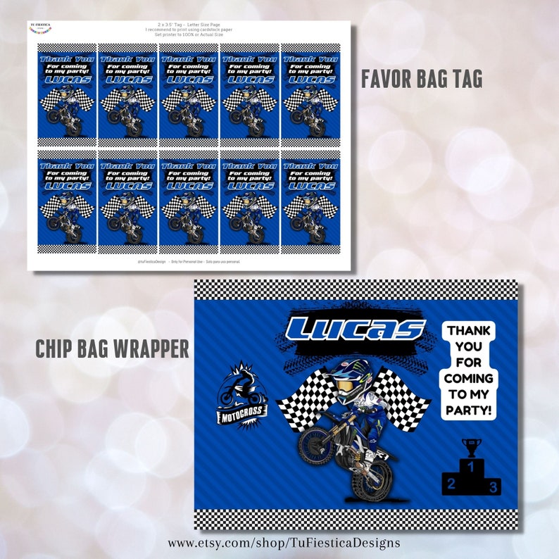 Pu&ograve; includere: Un involucro per sacchetto di patatine fritte blu e bianco a tema motocross. L'involucro presenta un pilota di motocross dei cartoni animati, bandiere a scacchi e il testo "Lucas" e "Grazie per essere venuto alla mia festa!"