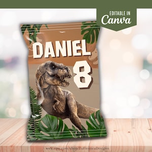 Bewerkbare zakverpakking dinosauruschips | Jurassic Birthday Treat-feestbedankje | Afdrukbare canvassjabloon D167