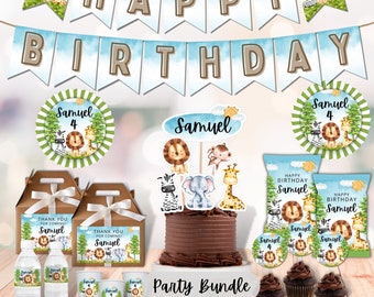 May include: A party bundle with a jungle animal theme for a child's birthday. The bundle includes a cake topper, cupcake toppers, favor boxes, water bottle labels, and a banner that says "Happy Birthday". The colors are blue, green, brown, and yellow.