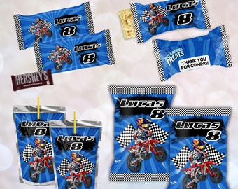 Kit per feste a tema motocross con materiali stampabili / Decorazioni per moto da cross / Nome ed età personalizzabili / Involucri per cioccolatini Caprisun ChipBag / File digitale D173