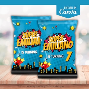 Envoltorio editable para bolsas de patatas fritas con diseño de superhéroes / Plantilla imprimible en Canva para fiestas de cumpleaños / Bolsa para dulces o aperitivos / Descarga digital D168