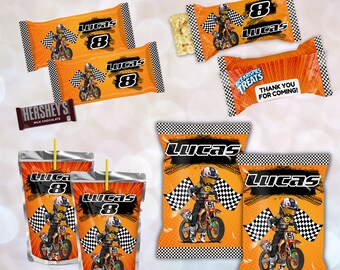 May include: A set of printable party favor labels featuring a motocross rider with checkered flags and the name "Lucas" in orange and black. The labels are designed for juice boxes, snack bags, and candy bars. The text "WE PERSONALIZE AND YOU PRINT!" is at the top of the image.