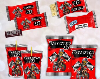 May include: Red party favor bags, juice pouches, and candy wrappers with a motocross theme. Each item features a racer on a motorcycle, the name "Lucas", and the number "8". The text "Thank you for coming!" is on a Rice Krispies Treats wrapper.