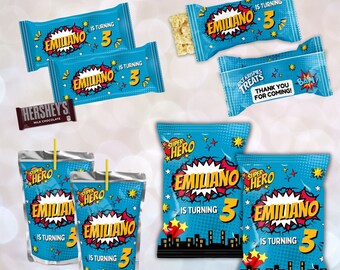 Kit stampabile per feste a tema fumetti di supereroi / Pacchetto pop-up / Sacchetto di patatine, dolcetti di riso Capri Sun, barretta di cioccolato, personalizzabile, download digitale D168PK8