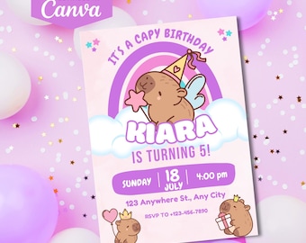 Editable Capybara Birthday Invitation | Party Invite for Kids | Printable Canva Template D180