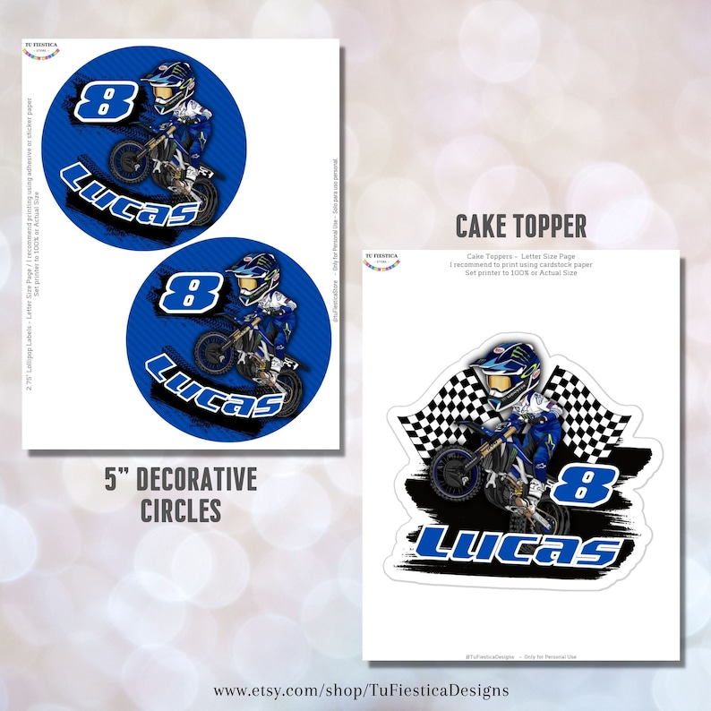 Pu&ograve; includere: Topper per torta stampabile e due topper rotondi per cupcake da 12,7 cm di diametro con un pilota di motocross dei cartoni animati con il nome "Lucas" e il numero "8" in blu, nero e bianco.