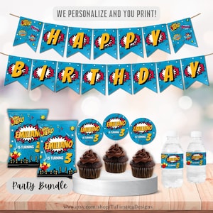 Superhero Comic Party Printables / Pop up Bundle Kit / Banner Labels Toppers Water Wrappers Chip Bag Personalize Digital Download D168PK3