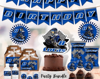 May include: A motocross themed party bundle with blue and white decorations. The bundle includes a cake topper, cupcake toppers, favor bags, water bottle labels, favor boxes, and circular labels. The decorations feature a cartoon motocross rider, checkered flags, and the number 8. The text "WE PERSONALIZE AND YOU PRINT!" and "Party Bundle" are also included.