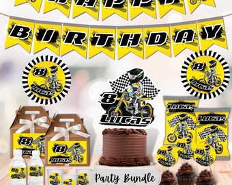 May include: A motocross-themed party bundle with a yellow and black color scheme. The bundle includes a cake topper, cupcake toppers, favor bags, water bottle labels, favor boxes, and a banner that says "Happy Birthday".