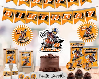May include: A motocross themed party bundle with orange and black decorations. The bundle includes a banner that says "Happy Birthday", cupcake toppers, favor bags, water bottle labels, and a cake topper. The cake topper features a cartoon motocross rider with the name "Lucas" and the number "8".