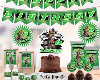 May include: A motocross-themed party bundle with green and black decorations. The bundle includes a banner that says "Happy Birthday", cupcake toppers, favor bags, water bottle labels, and a cake topper with the name "Lucas" and the number "8".