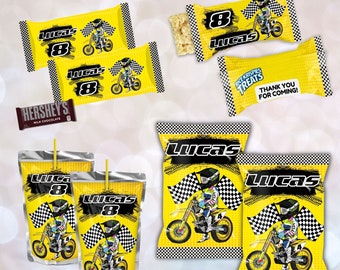 May include: Printable party favor labels featuring a motocross rider with checkered flags and the name "Lucas" and the number "8" in black and yellow. The labels are designed for juice boxes, snack bags, and Rice Krispies treats.