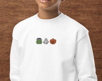 Młodzieżowa bluza jesienna z haftem, Ghosts Frankenstein Punpkin Jackolantern, Halloween dla maluchów, 50/50 mieszanka bawełny i poliestru, młodzieżowy okrągły dekolt