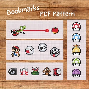 May include: A set of printable PDF patterns for cross-stitch bookmarks featuring characters and items from the Super Mario Bros. video game. The patterns include Mario, Luigi, Yoshi, Goombas, a mushroom, a flower, a star, and a Boo.