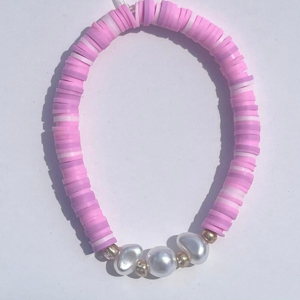 Pink sky pearl clay bead necklace sterling silver closure