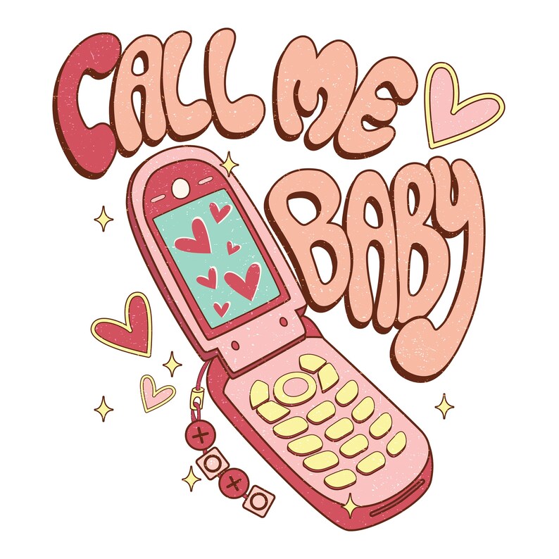May include: A pink flip phone with a screen displaying hearts and the text "Call Me Baby" in pink and orange lettering. The phone has a charm with a cross and hearts.
