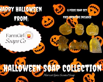 Halloween Soap Collection- Homemade Halloween Soap- Orange Soap- Ghost Soap- Pumpkin Soap-Grave Soap-Bat Soap-Skull Soap-Harvest Spice Soap