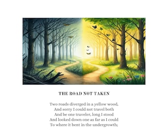 La strada non presa, poesia di Robert Frost, stampa digitale, idea regalo stampabile per lei e lui, poesia motivazionale minimalista