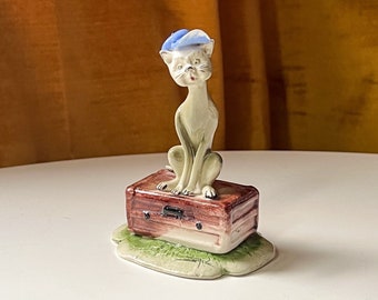 Vintage Mid Century Zampiva Cat Sitting on Suitcase Figurine Made In Italy, Artist Signed