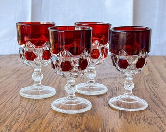 Vintage Bohemian Ruby Red Block Water Goblets, Stemmed Wine Sherry Glasses - Set of 4