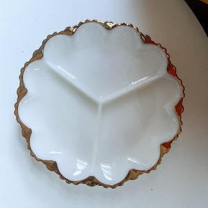 Vintage 1950s Fire King White Milk Glass Gold Trim Serving Platter