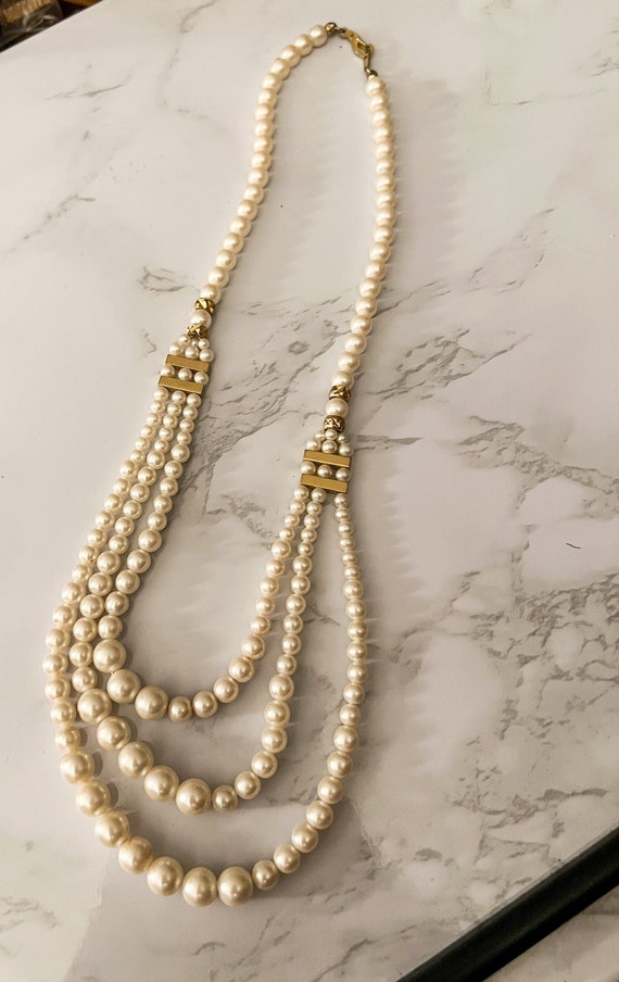 Vintage Pearl Beaded Triple-Strand Gold Necklace
