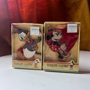 Vintage 1980s Kurt Adler Disney Minnie Mouse & Donald Duck Wooden Christmas Ornament in Box