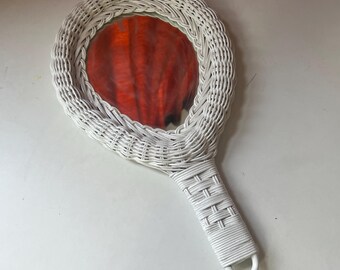 Vintage Retro Weiß Woven Wicker Rattan Waschtisch Boho Hand Spiegel