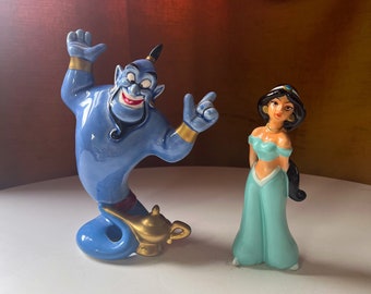 Vintage 1990s Disney Prinzessin Jasmin und Blue Genie von Aladdin Porzellanfiguren