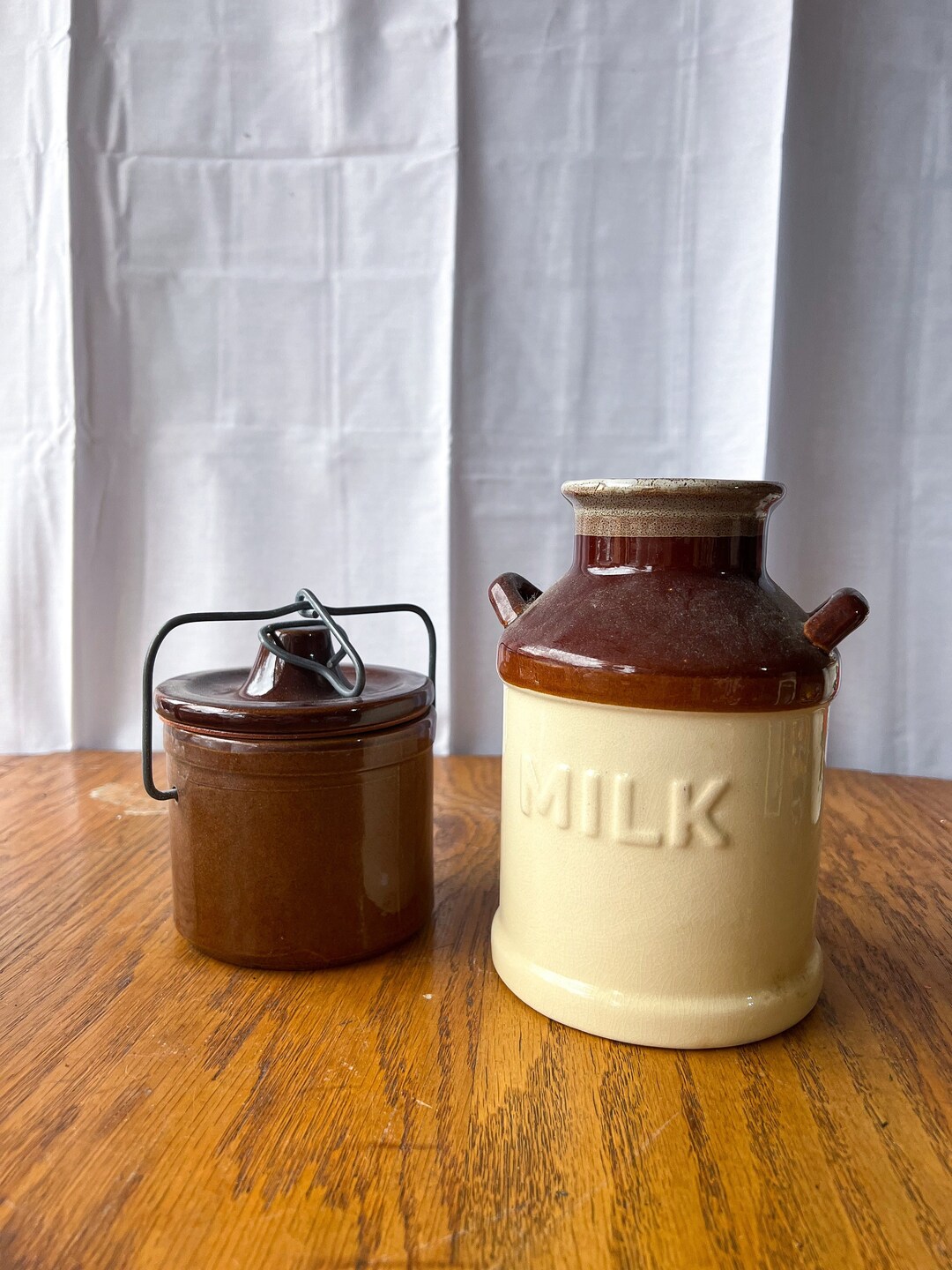 Vintage Stoneware Milk Jug & Canister Set Ceramic Bottle Pitcher