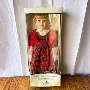 Vintage Holiday Collector&#39;s Series 20&quot; Porcelain Doll in Plaid Dress - Celebrate the Season in Box