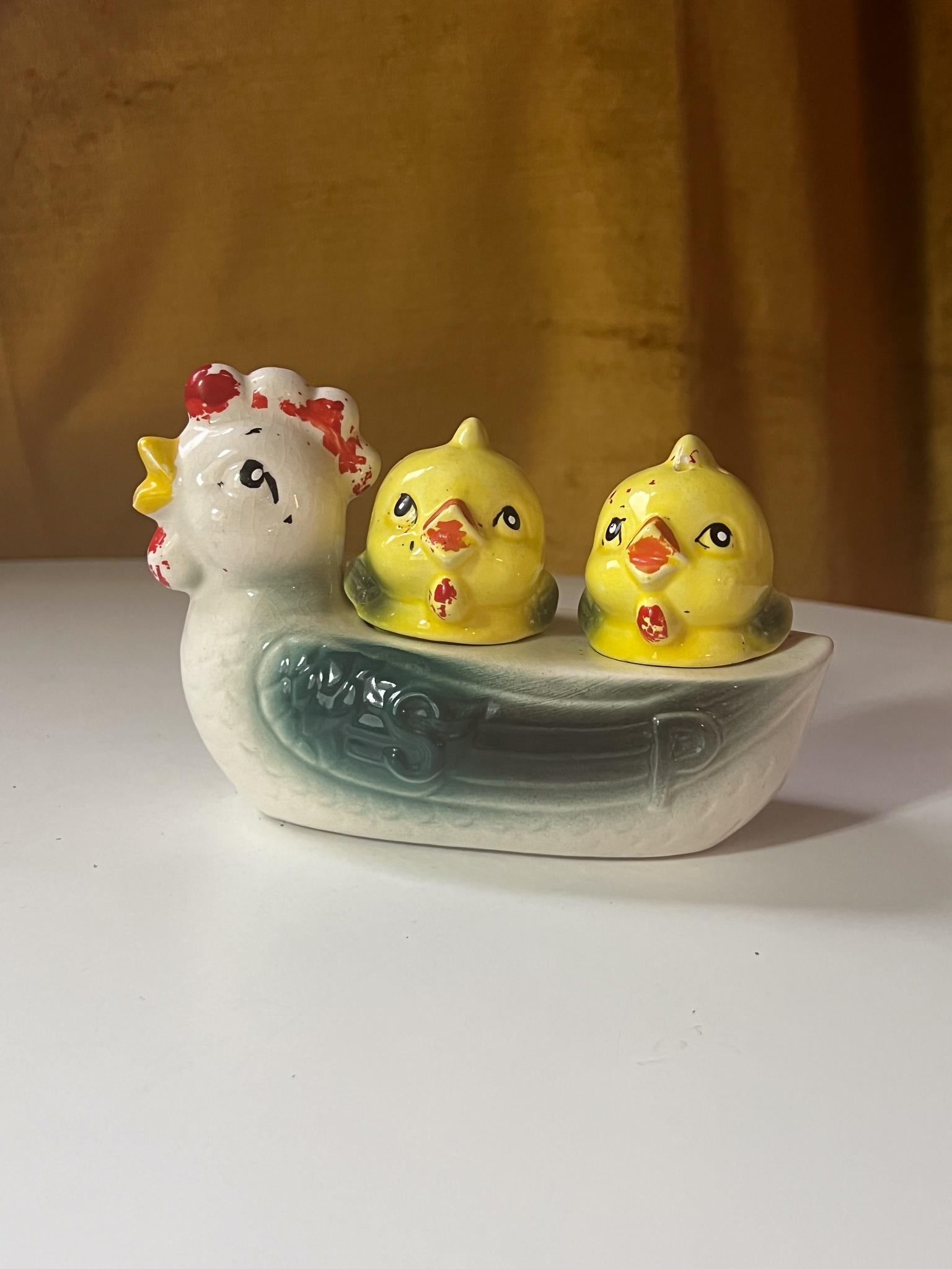 Vintage 1960s Ceramic Hand-painted Mama Chicken and Baby Chick