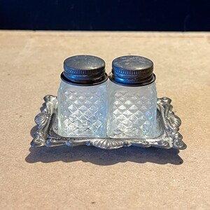 Vintage 1960s Glass with Metal Tray Salt & Pepper Shakers