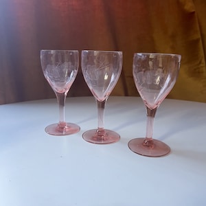 Vintage Set of 3 Etched Floral Pink Glass Sherry Glass Goblets