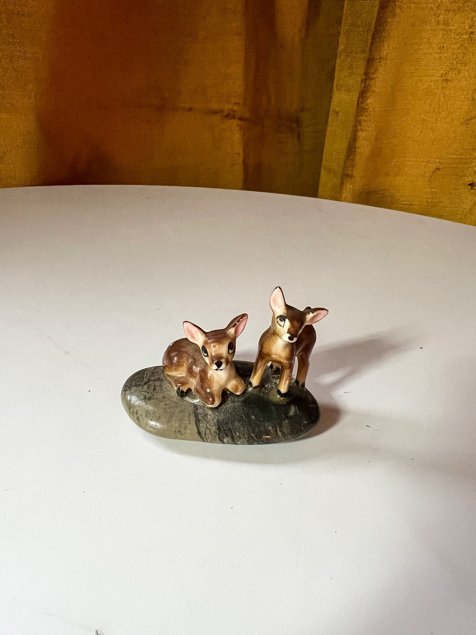 Vintage Miniature Ceramic Deer Fawn On Stone Figurine