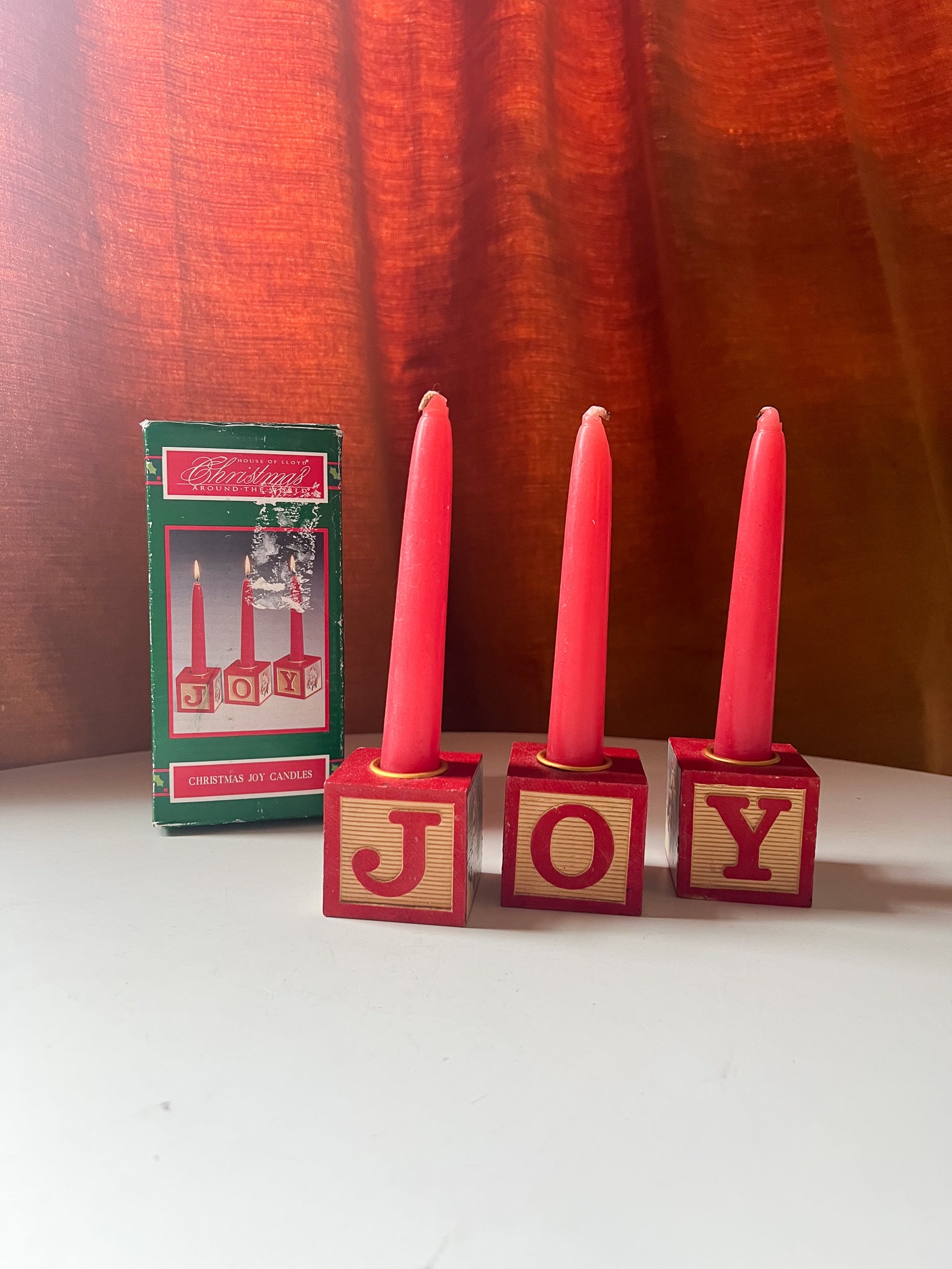 Vintage 1990s House of Lloyd Christmas Around the World - Joy Letter Block Taper Candle Holders w/ Candles in Box
