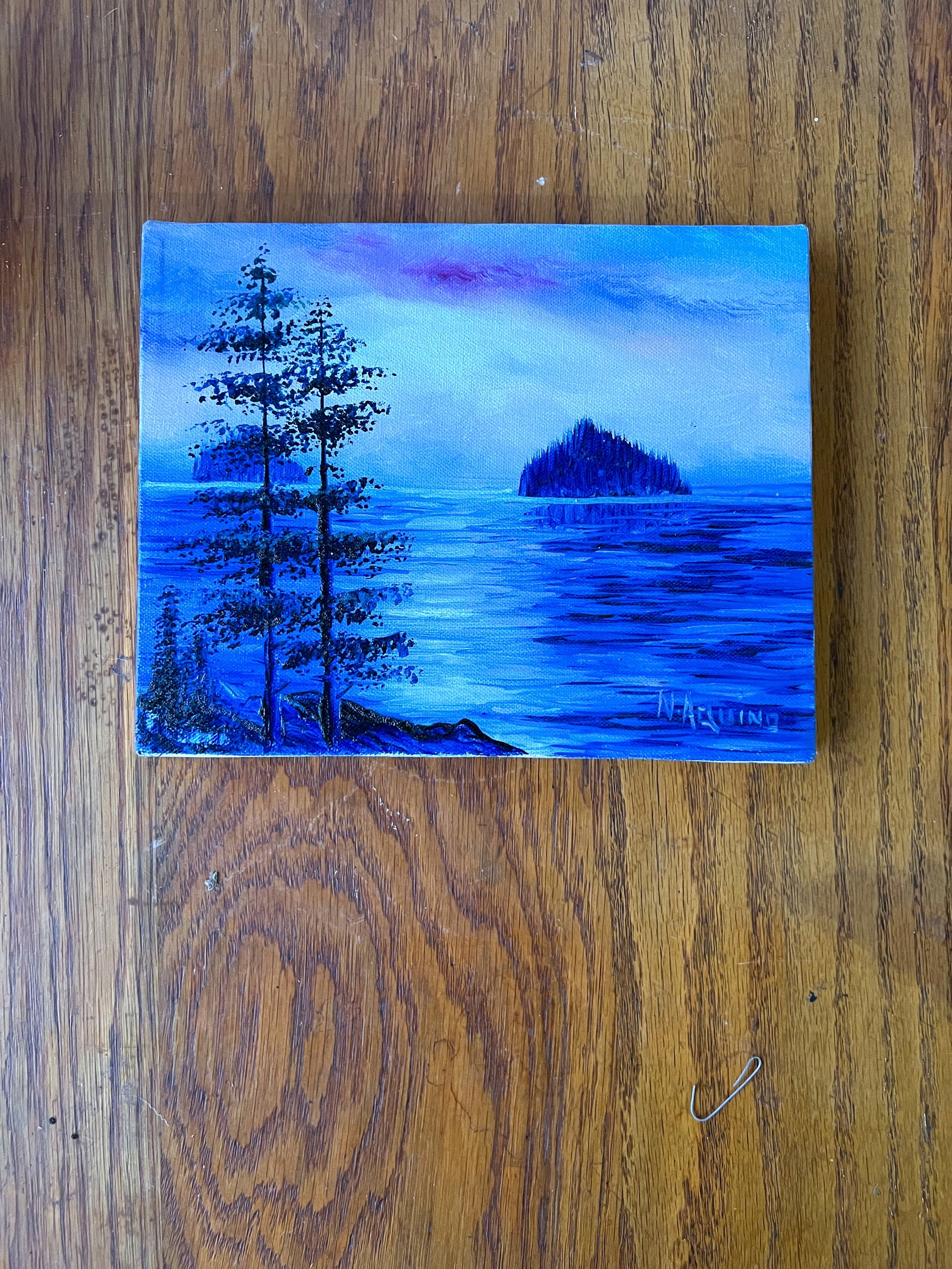 Vintage Original Ocean Lake Painting on Canvas Signed by N