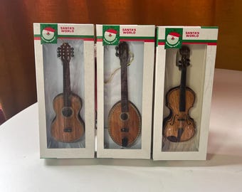 Vintage 1970s Kurt S. Adler Santa’s World Wood Ornaments Mandolin, Guitar, Violin in Box