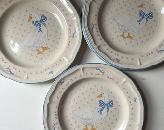 Vintage 1980s Brick Oven Stoneware "Aunt Rhody" Goose Pattern Dinner Plates S/3
