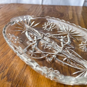 Vintage Anchor Hocking Oval Divided Relish Dish - Star of David Pattern, Prescut Clear Glass, Scalloped Rim,Serving Dish