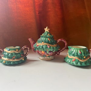 Vintage Bella Casa by Ganz Christmas Tree Teapot w/ Sugar & Creamer Bowl Set