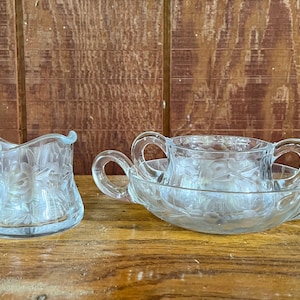 Vintage 1950s Etched & Cut Glass Sugar Bowl and Creamer w/ Plate