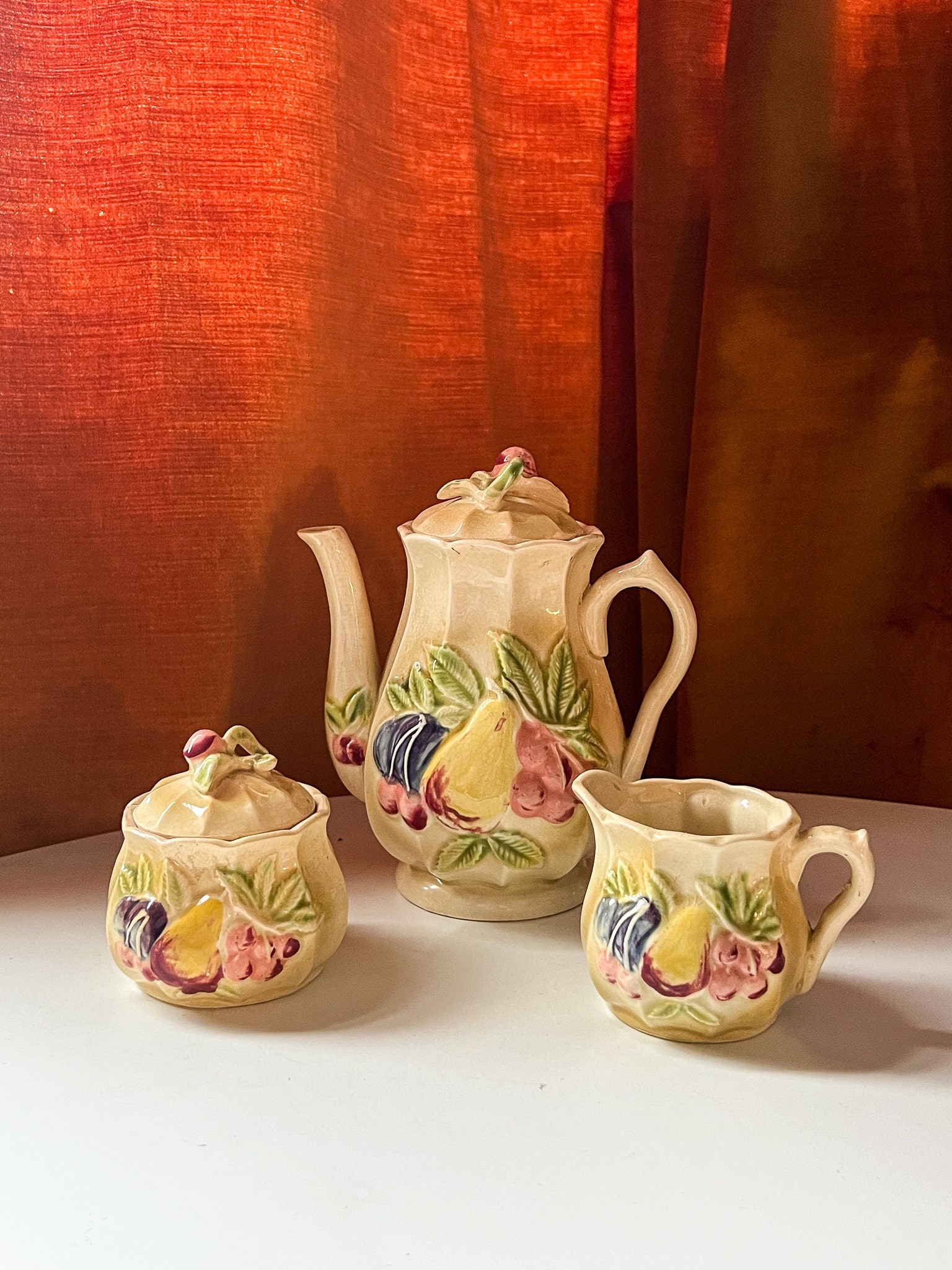 Vintage 1960s Japan Ceramic Art Deco Tea Set - Large Tea Pot, Creamer & Sugar