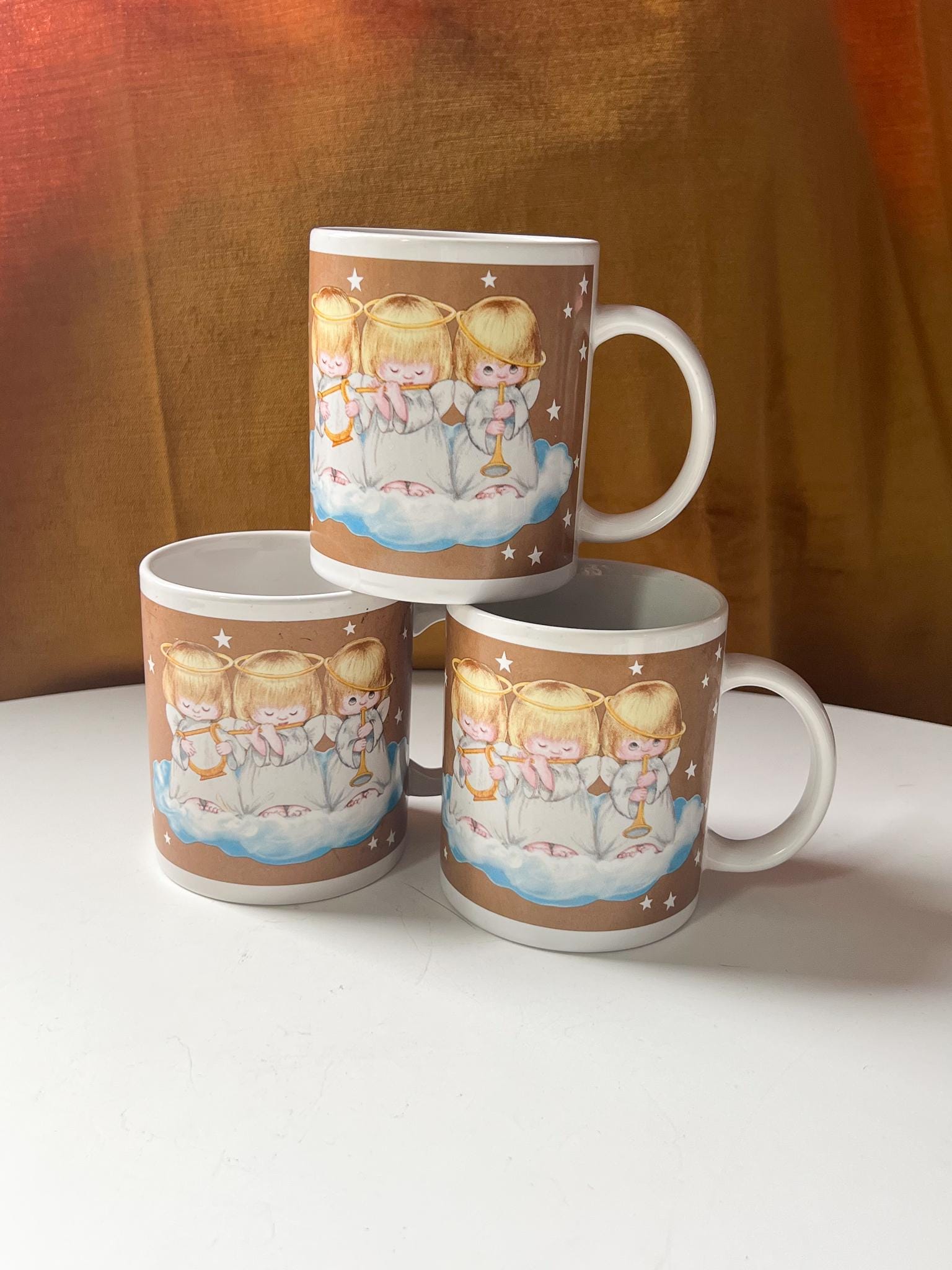 Vintage 1980's Hallmark Trio of Angels Holiday Ceramic Coffee Tea Mugs S/3