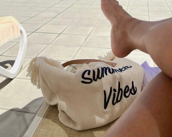 Sac cabas brodé Summer Vibes, Cabas minimaliste à franges, Cabas de plage